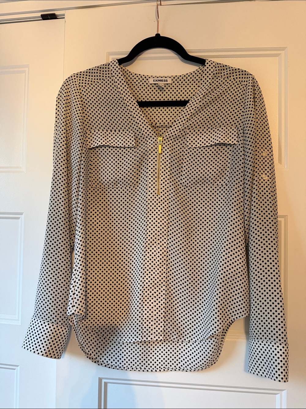 Express Cream Blouse with Black Polka Dots and Gold Zip